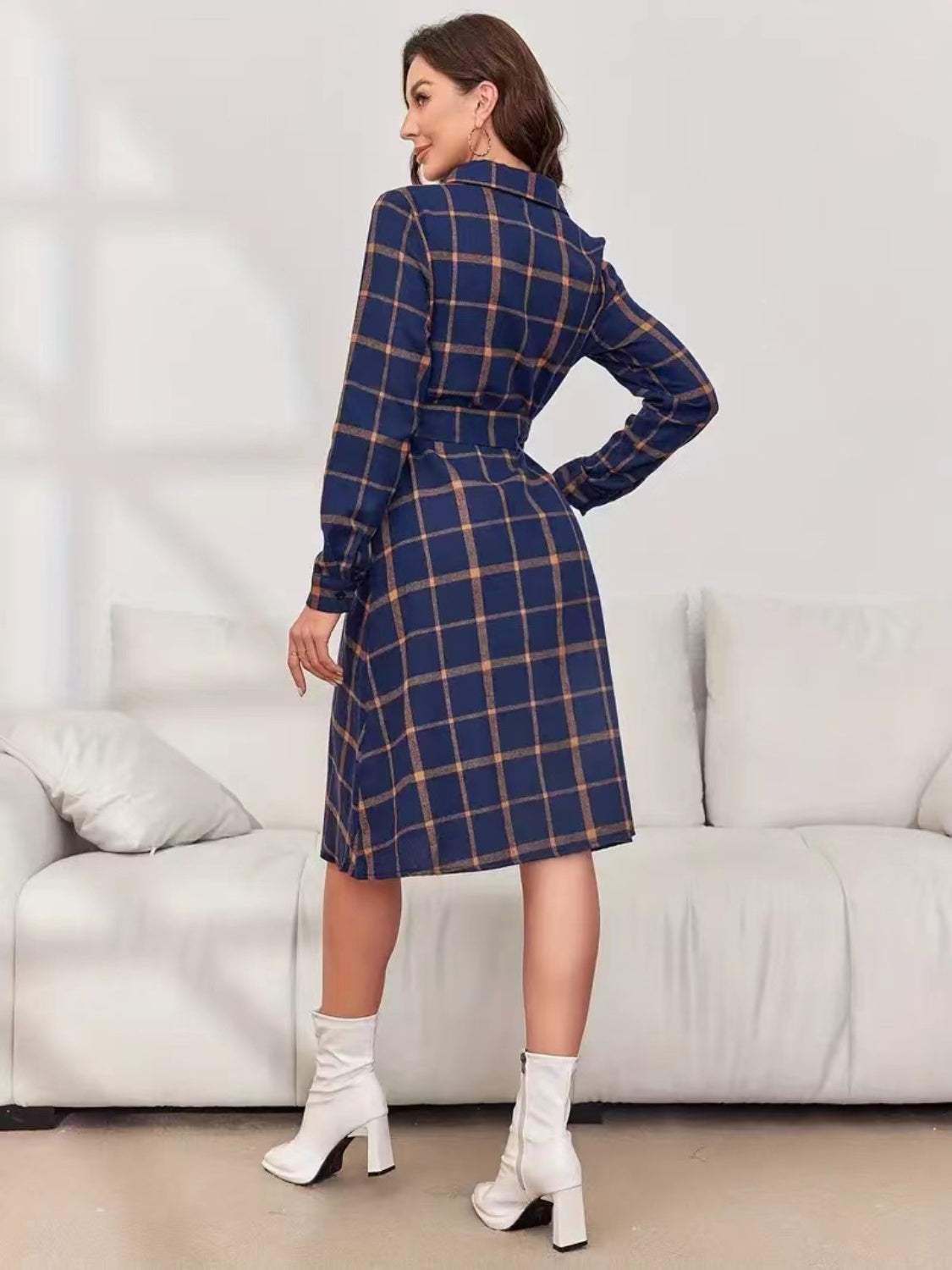 Plaid Tie Waist Long Sleeve Dress - Trendsi - Flyclothing LLC