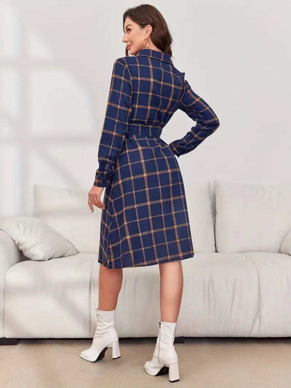 Plaid Tie Waist Long Sleeve Dress - Trendsi - Flyclothing LLC