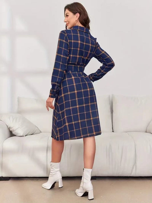 Plaid Tie Waist Long Sleeve Dress - Trendsi