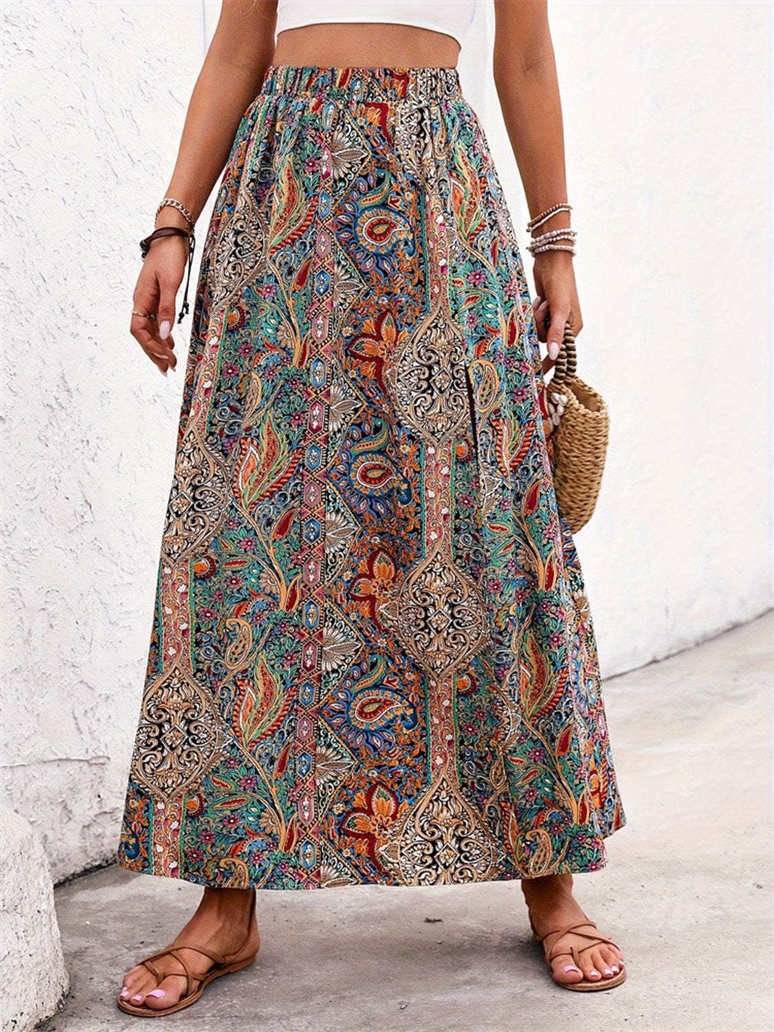Slit Printed Elastic Waist Skirt - Trendsi - Flyclothing LLC