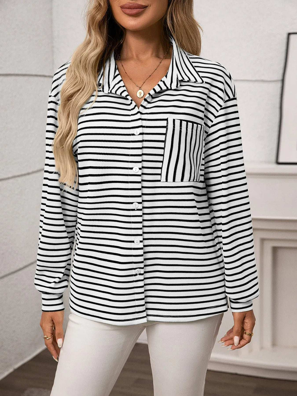 Striped Button Up Long Sleeve Shirt - Trendsi - Flyclothing LLC