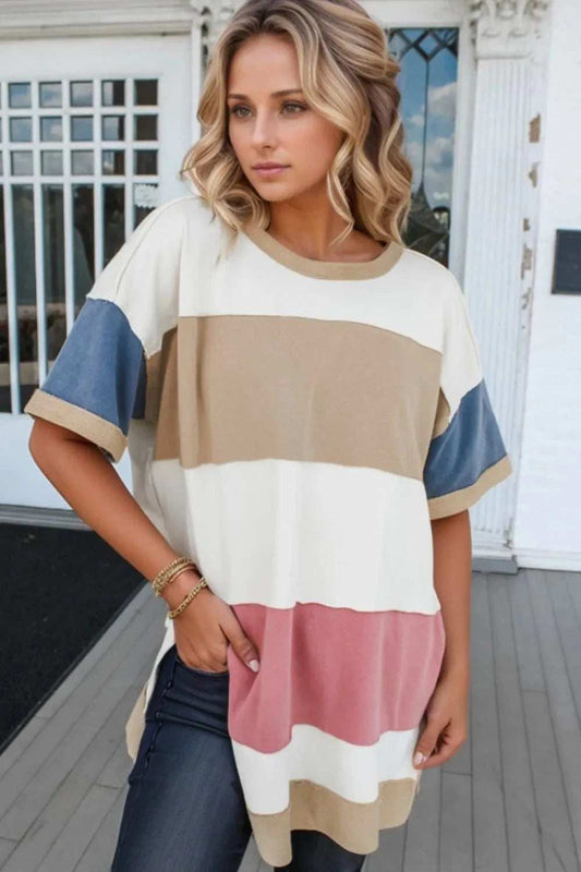 Color Block Patchwork Side Split Tunic T Shirt - Trendsi - Flyclothing LLC