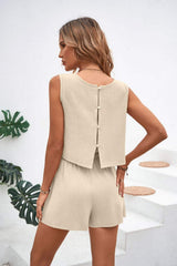Round Neck Top and Drawstring Shorts Set - Trendsi - Flyclothing LLC
