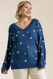 Umgee Full Size Star V-Neck Long Sleeve Sweater Plus Size - Trendsi