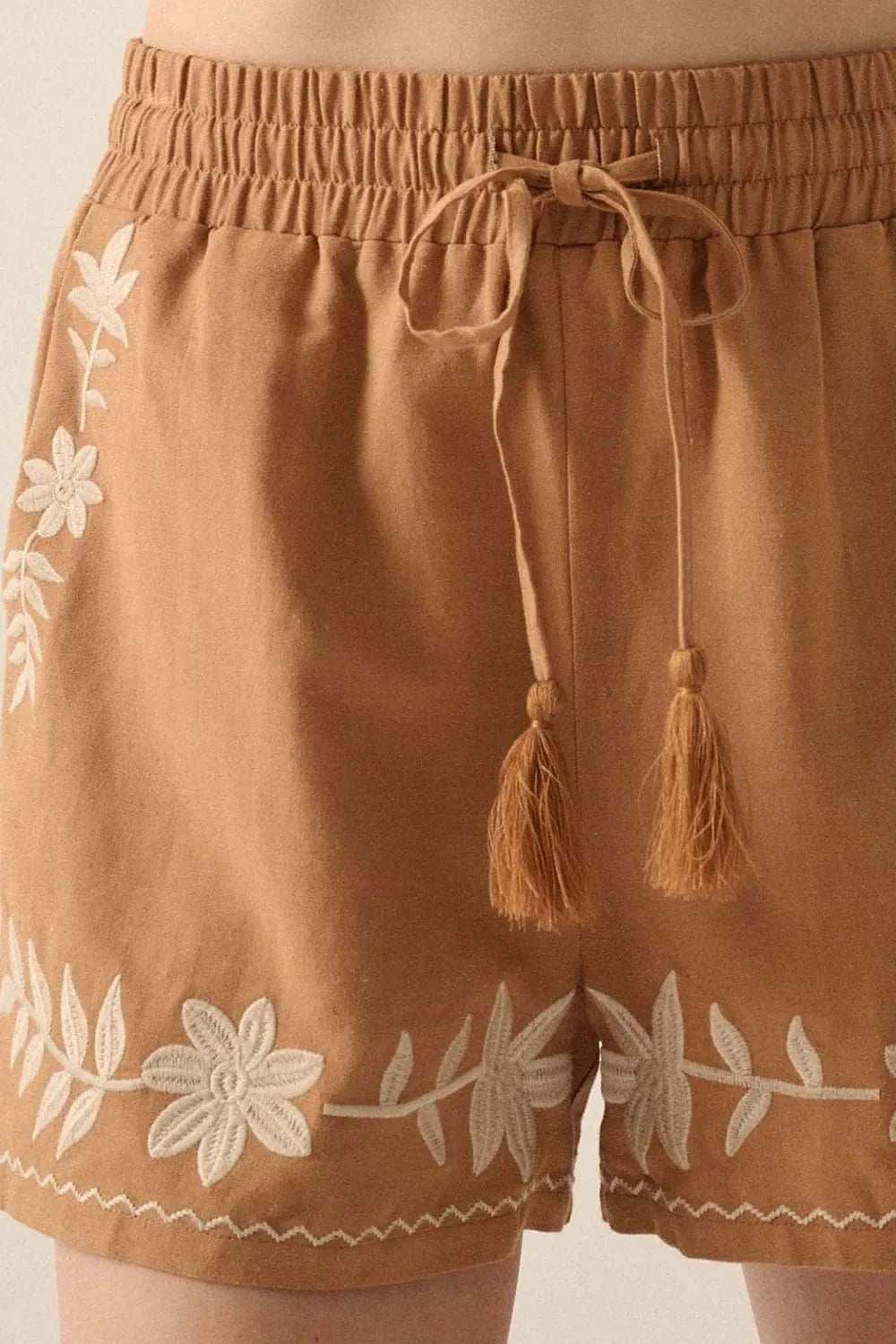 Embroidered Boho Tasseled Drawstring Elastic Waist Casual Shorts - Trendsi - Flyclothing LLC