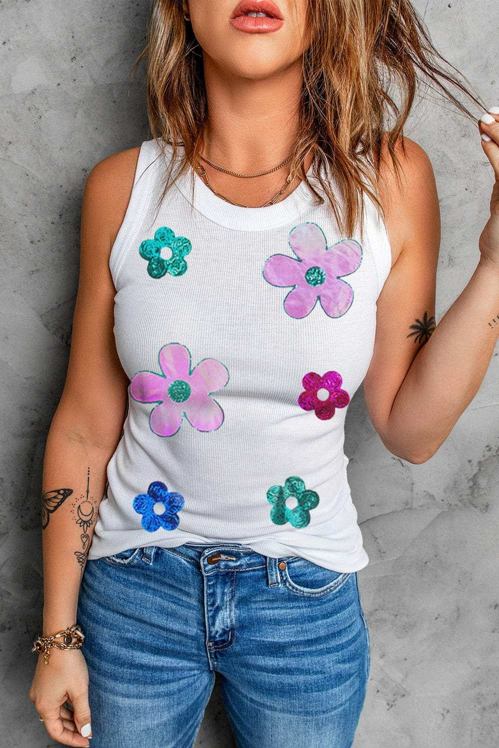 Sequin Flower Round Neck Tank - Trendsi - Flyclothing LLC