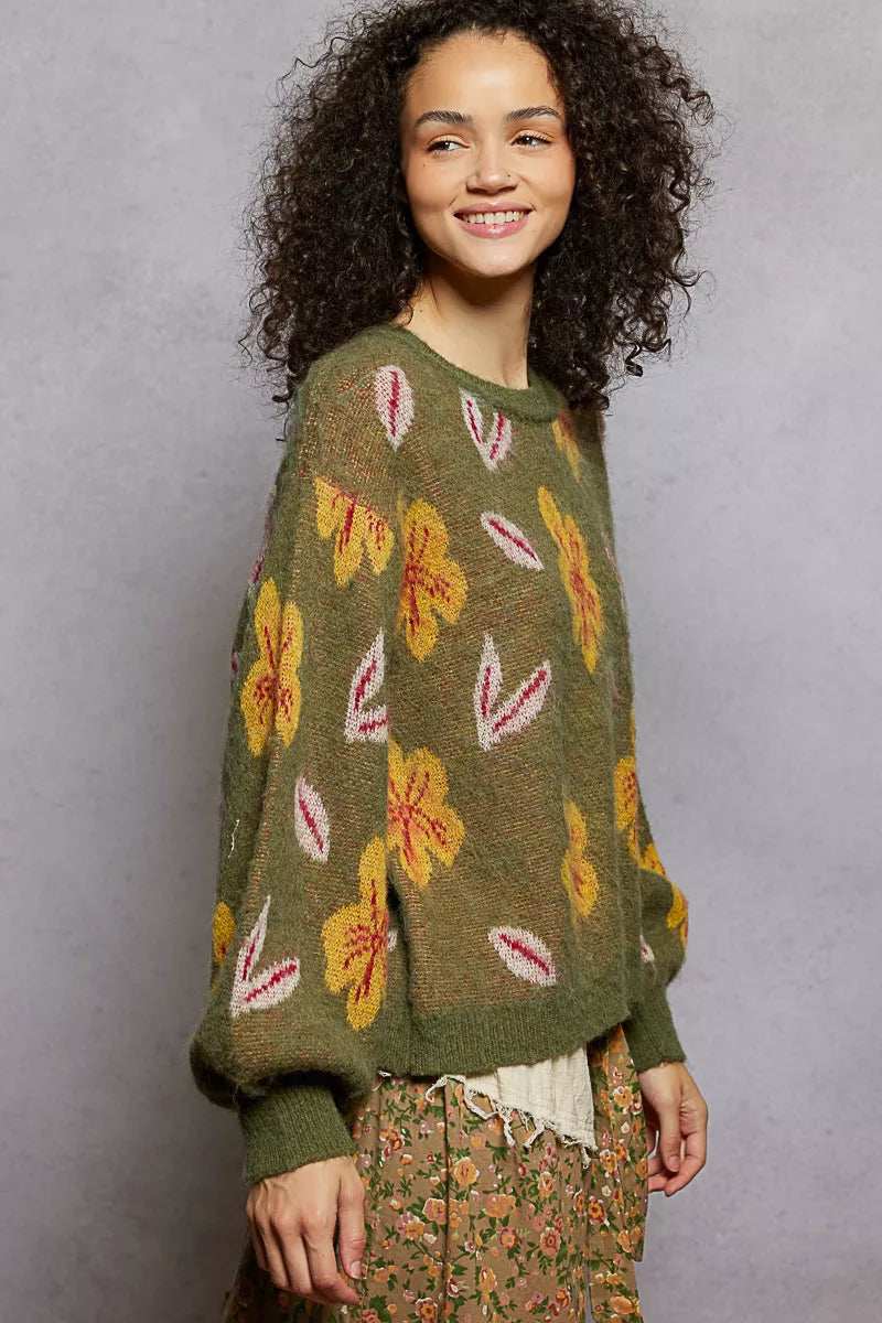 POL Floral Pattern Round Neck Balloon Sleeve Sweater - Trendsi - Flyclothing LLC