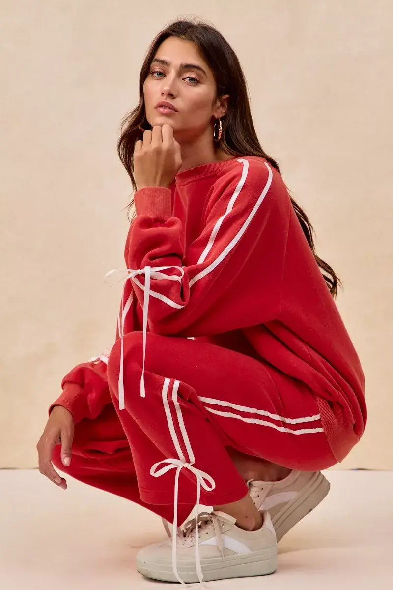 BiBi Side Lined Bow Details Fleece Sweatpants - Trendsi - Flyclothing LLC