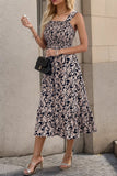 Smocked Printed Wide Strap Dress - Trendsi