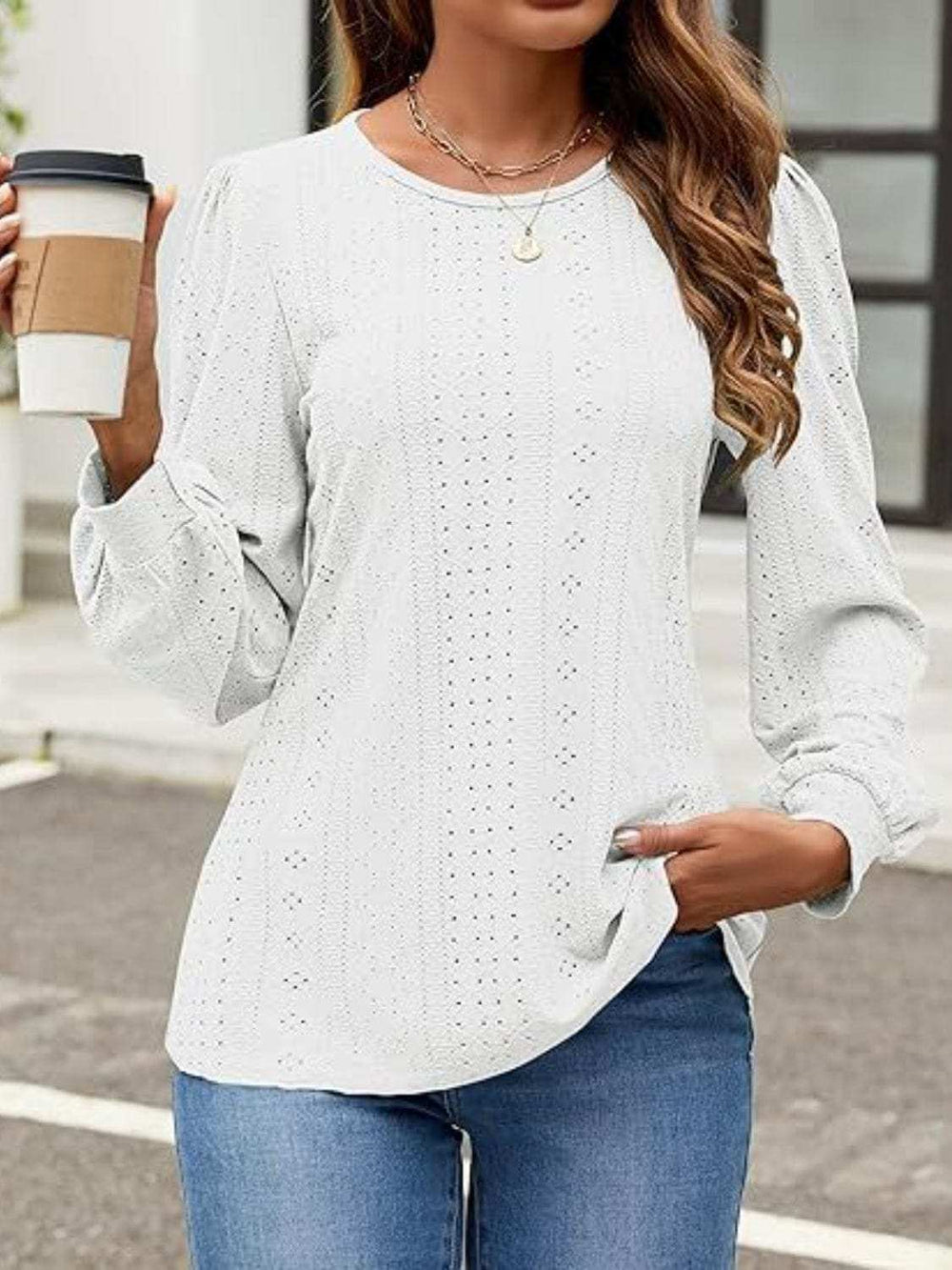 Eyelet Round Neck Long Sleeve Top - Trendsi - Flyclothing LLC