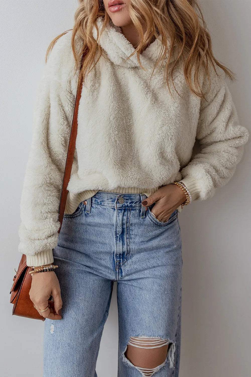 Fuzzy Dropped Shoulder Long Sleeve Hoodie - Trendsi - Flyclothing LLC