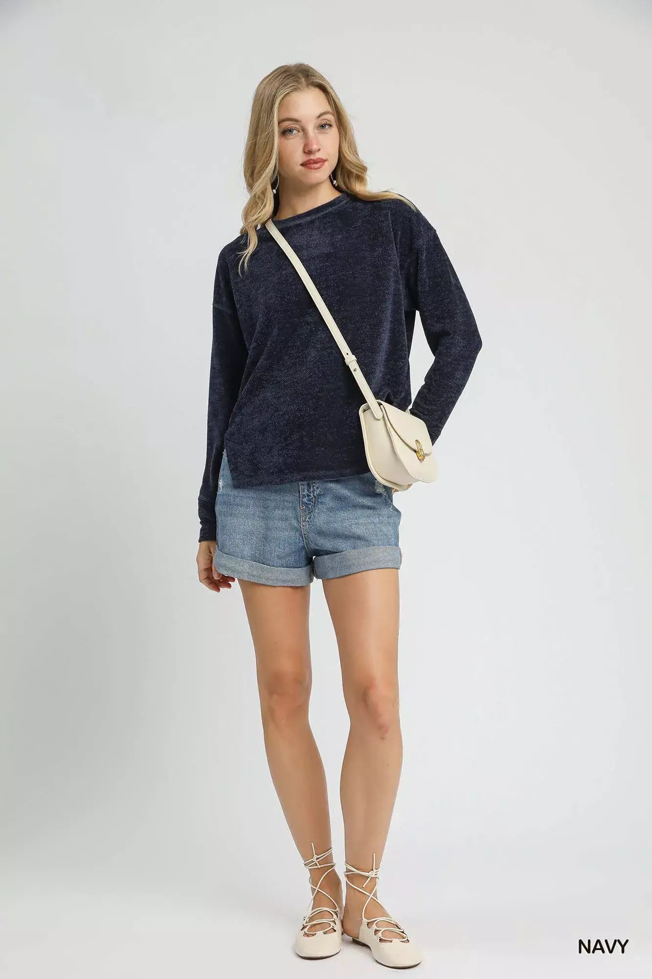 Umgee Round Neck Long Sleeve Side Slit Top - Trendsi - Flyclothing LLC