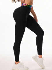 Letter Printed High Waist Active Leggings - Trendsi