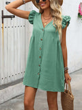 Button Up V-Neck Cap Sleeve Mini Dress - Trendsi - Flyclothing LLC