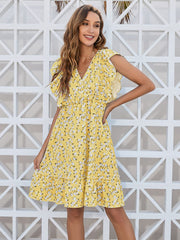 Ruffled Ditsy Floral Surplice Mini Dress - Trendsi