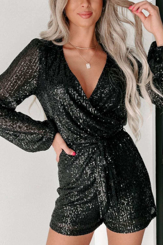 Sequin Surplice Long Sleeve Romper - Trendsi - Flyclothing LLC