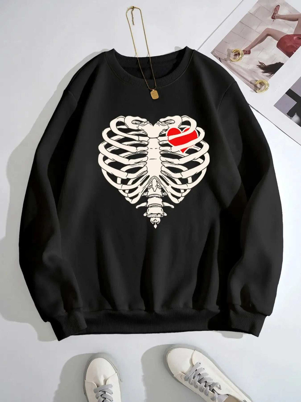 Skeleton Heart Round Neck Sweatshirt - Trendsi - Flyclothing LLC