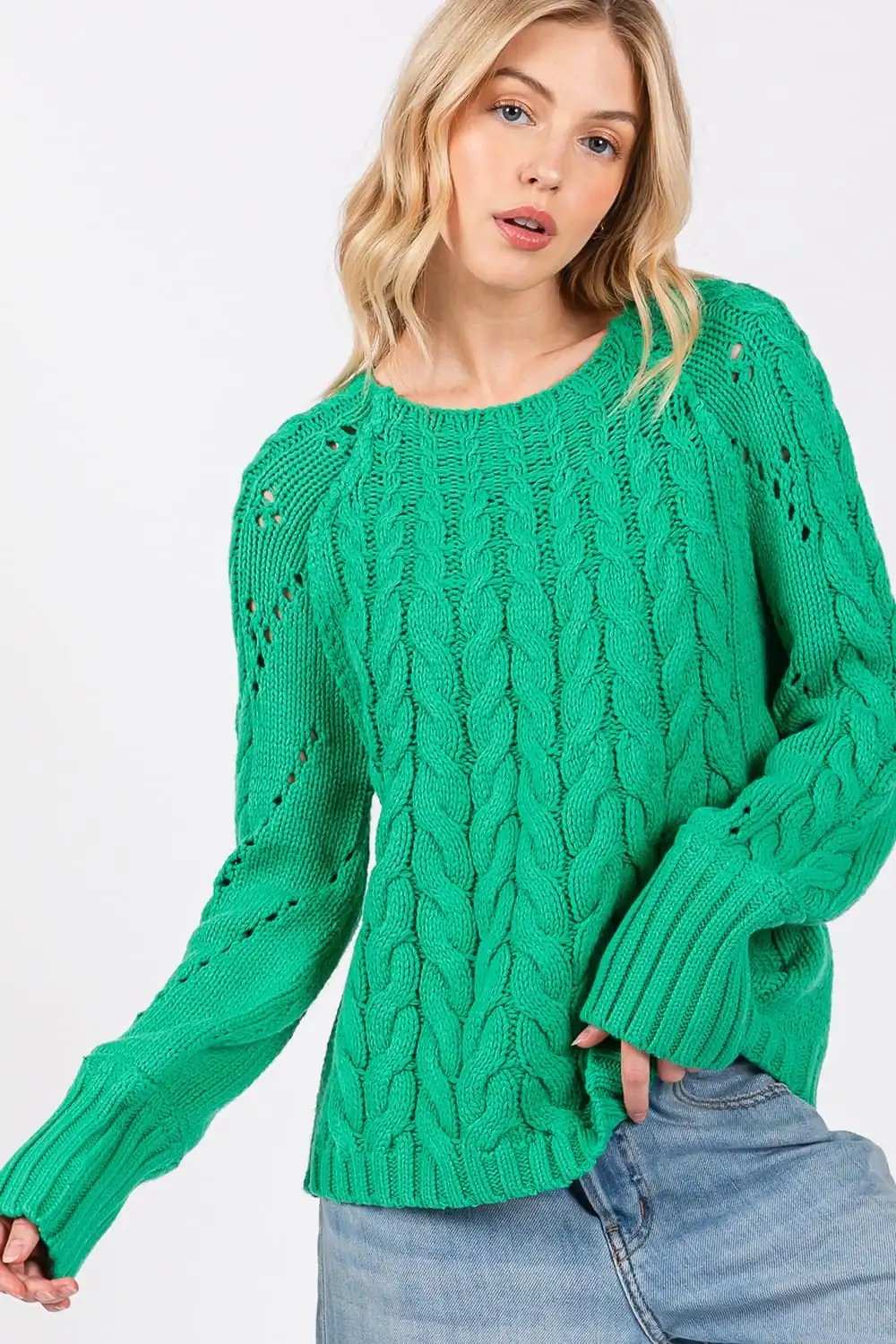 SAGE + FIG Cable-Knit Long Sleeve Sweater - Trendsi - Flyclothing LLC