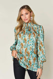 Double Take Full Size Printed Smocked Long Sleeve Blouse - Trendsi - Flyclothing LLC