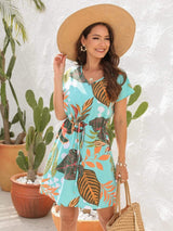 Drawstring Printed V-Neck Mini Dress - Trendsi - Flyclothing LLC