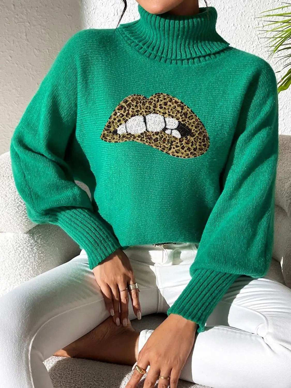 Lip Turtleneck Long Sleeve Sweater - Trendsi - Flyclothing LLC