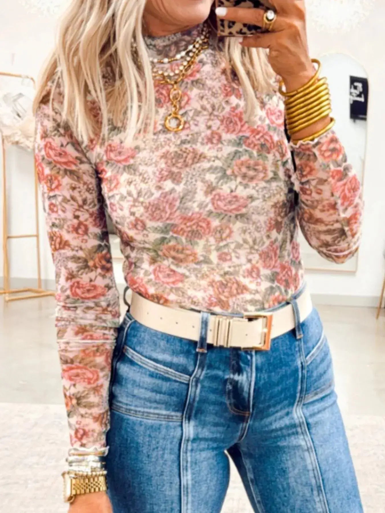 Floral Print Mesh Long Sleeve Top - Trendsi - Flyclothing LLC
