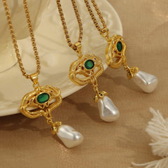Freshwater Pearl Titanium Steel Geometric Necklace - Trendsi