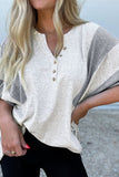 Two Tone Contrast Waffle Knit Patched Buttoned V Neck Top - Trendsi
