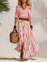 Off Shoulder Top and Striped Maxi Skirt Set - Trendsi - Flyclothing LLC