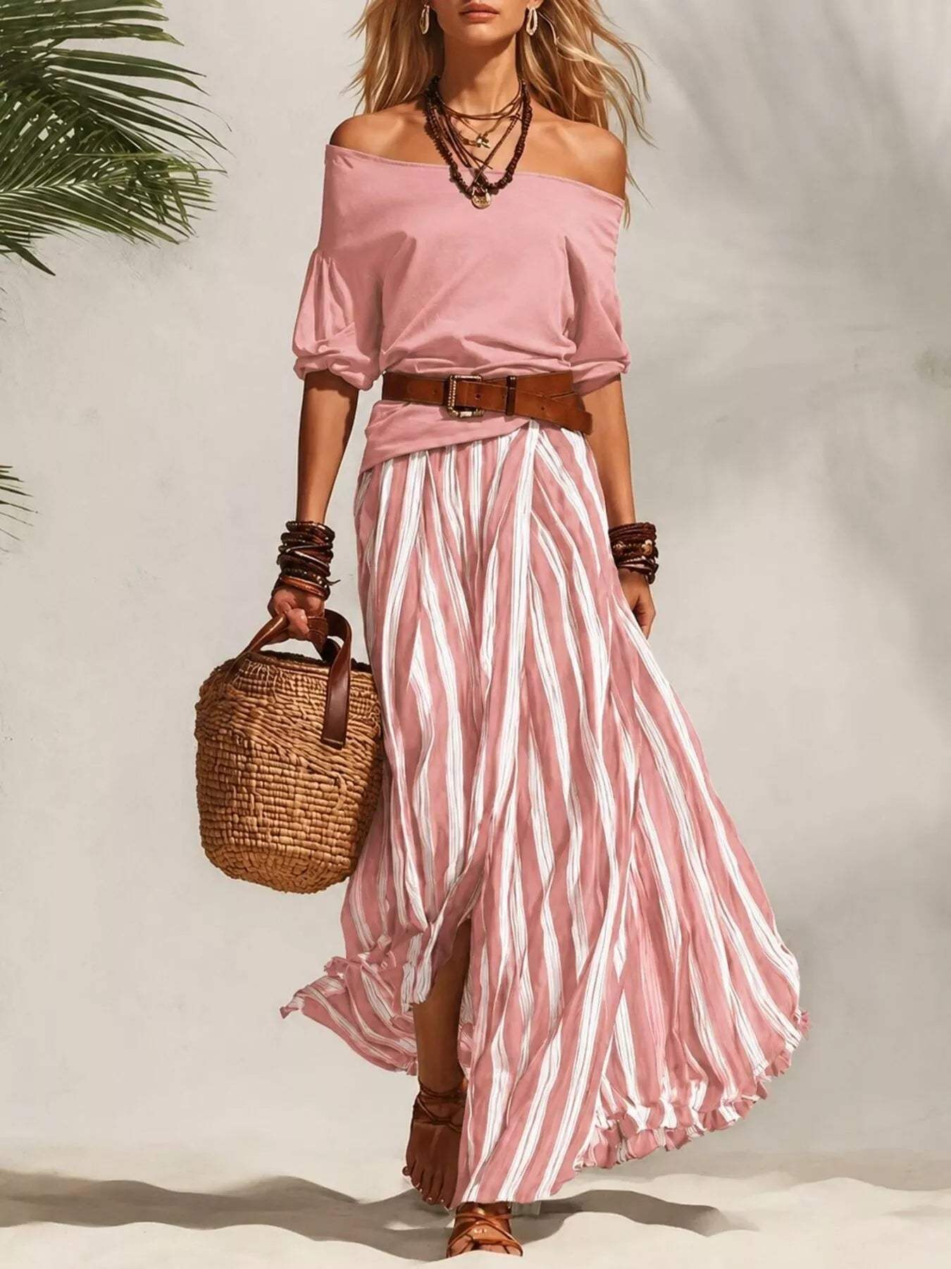 Off Shoulder Top and Striped Maxi Skirt Set - Trendsi - Flyclothing LLC
