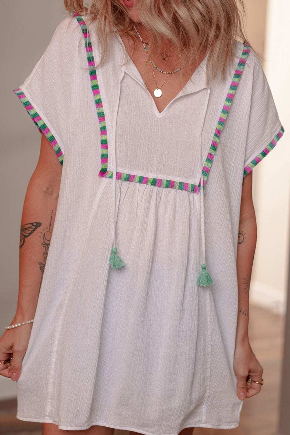 Tassel Tie Neck Short Sleeve Blouse - Trendsi - Flyclothing LLC