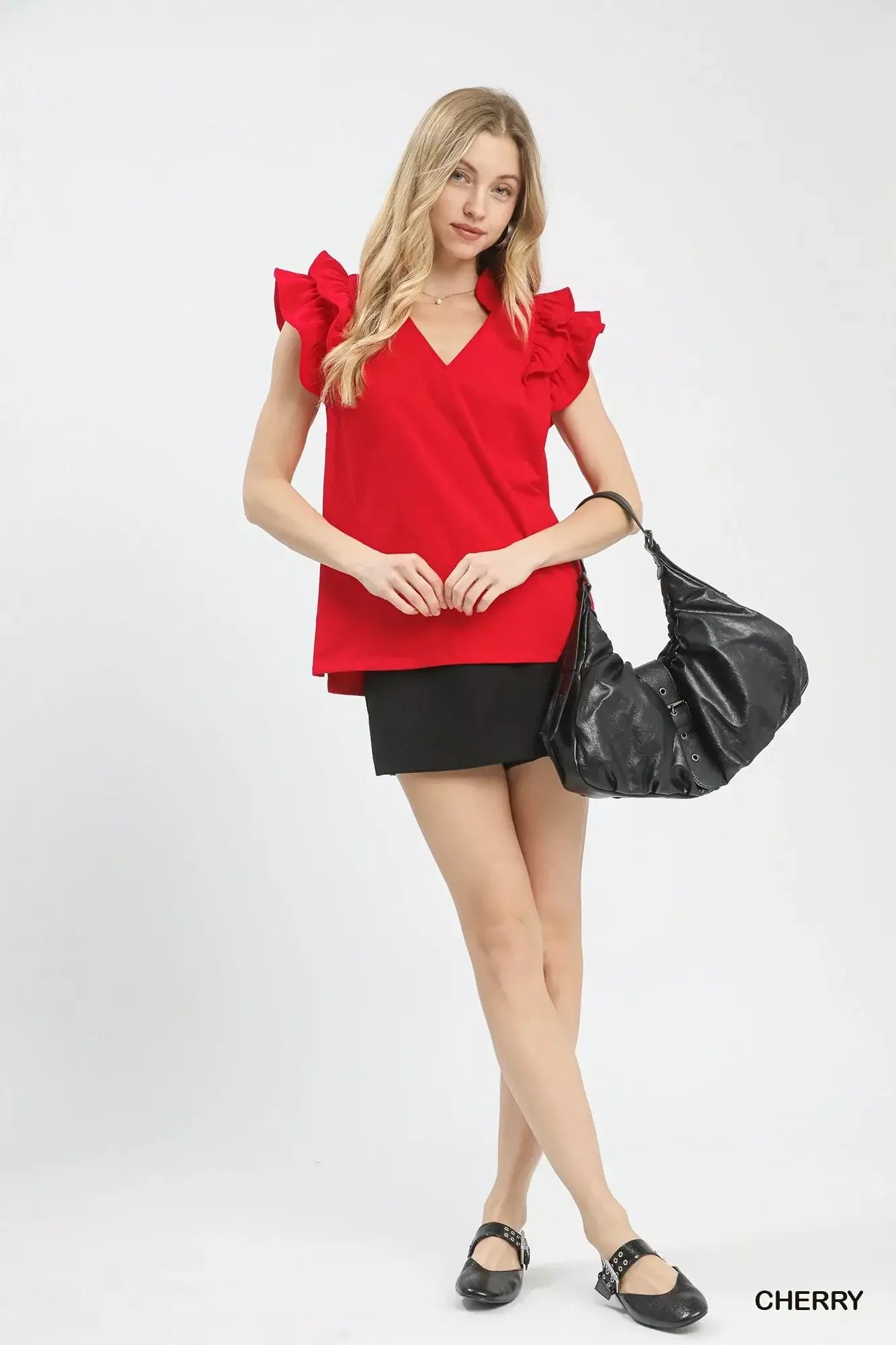 Umgee Ruffle Sleeve V-Neck Top - Trendsi - Flyclothing LLC