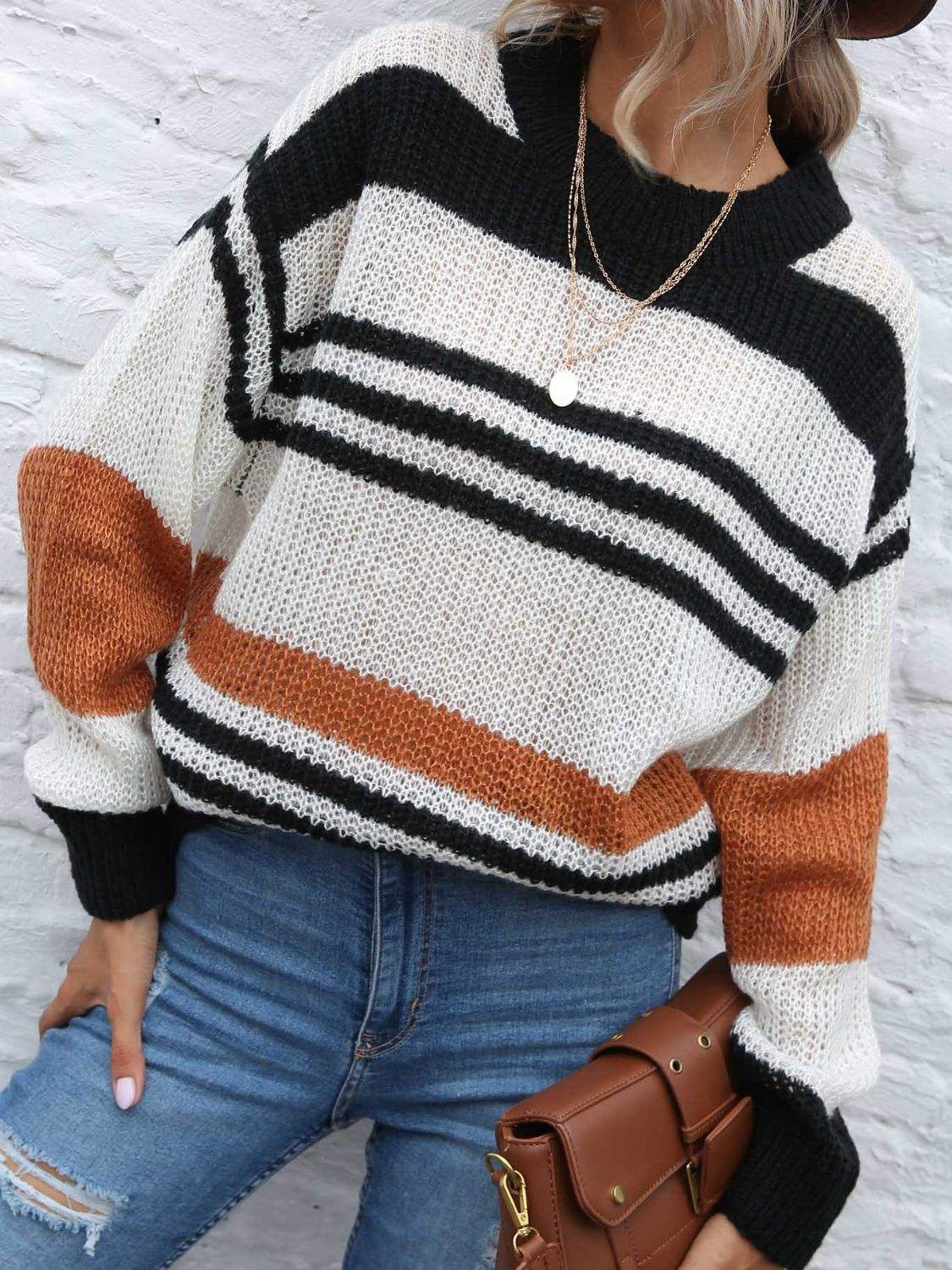 Contrast Striped Round Neck Long Sleeve Sweater - Trendsi - Flyclothing LLC