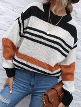 Contrast Striped Round Neck Long Sleeve Sweater - Trendsi - Flyclothing LLC