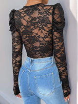 Perfee Lace V-Neck Long Sleeve Bodysuit - Trendsi - Flyclothing LLC