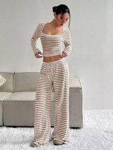 Striped Long Sleeve Crop Top and Wide Leg Pants Set - Trendsi - Flyclothing LLC