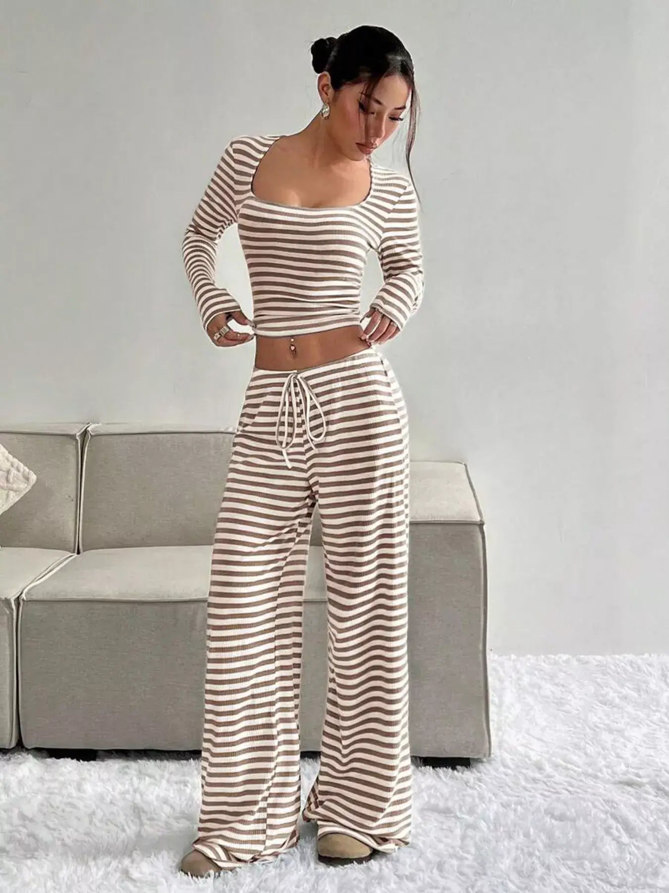 Striped Long Sleeve Crop Top and Wide Leg Pants Set - Trendsi - Flyclothing LLC