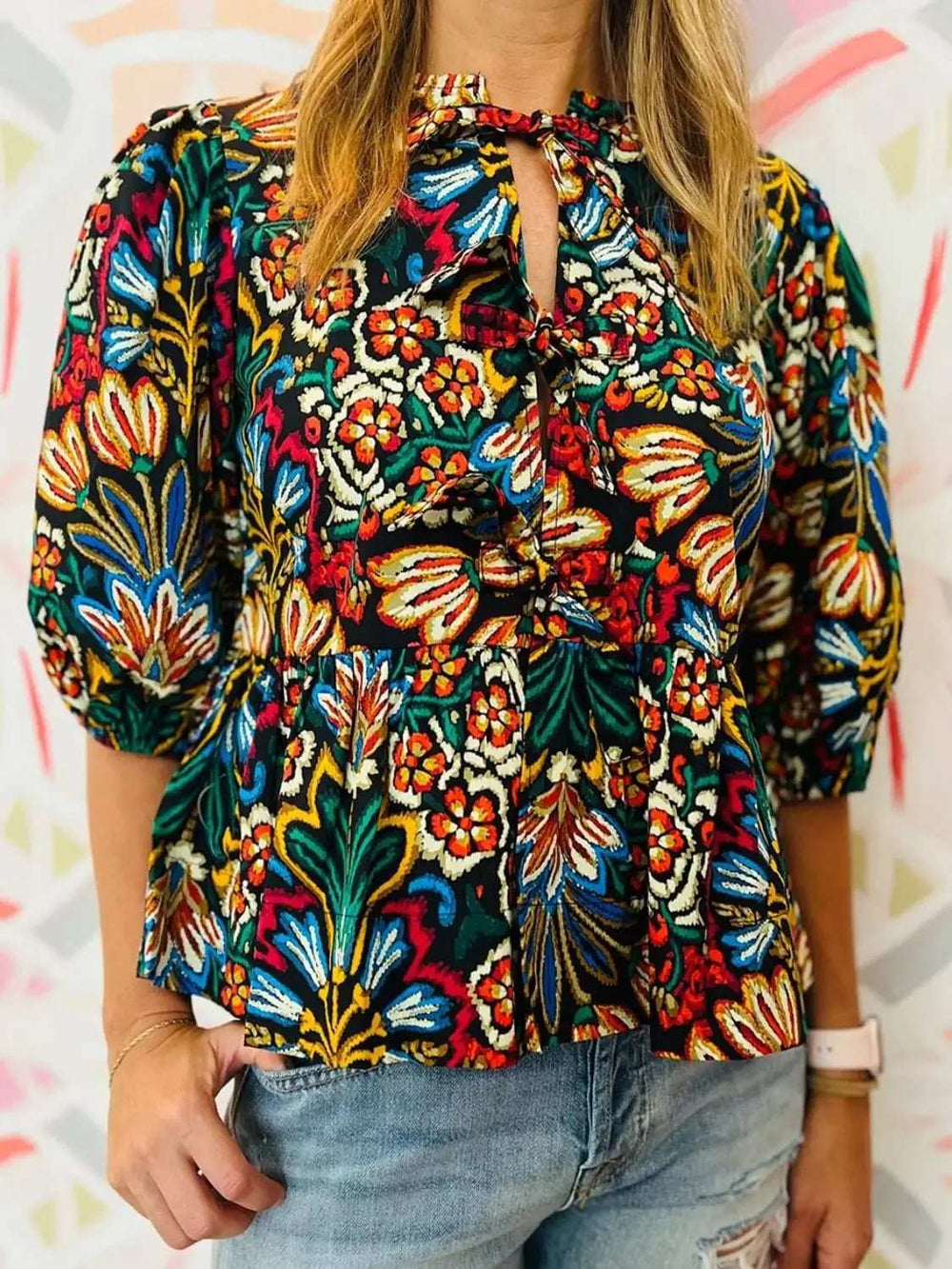 Tropical Print Puff Sleeve Knot Front Blouse - Trendsi - Flyclothing LLC