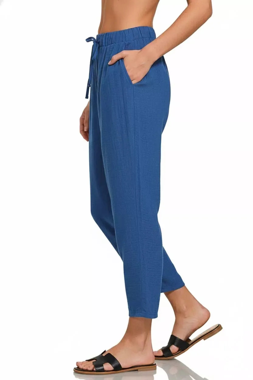 Zenana Woven Crepe Elastic Band Waist Pants - Trendsi - Flyclothing LLC