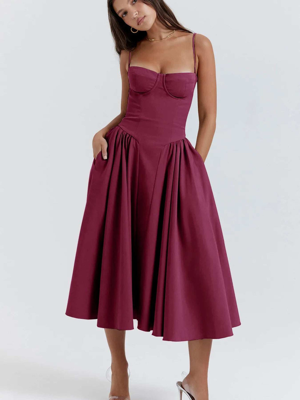 Sweetheart Neck Ruched Midi Dress - Trendsi - Flyclothing LLC