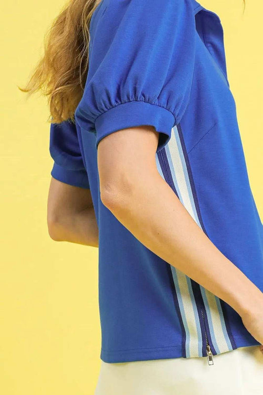 Umgee Side Zip Striped Puff Sleeve Polo - Trendsi - Flyclothing LLC