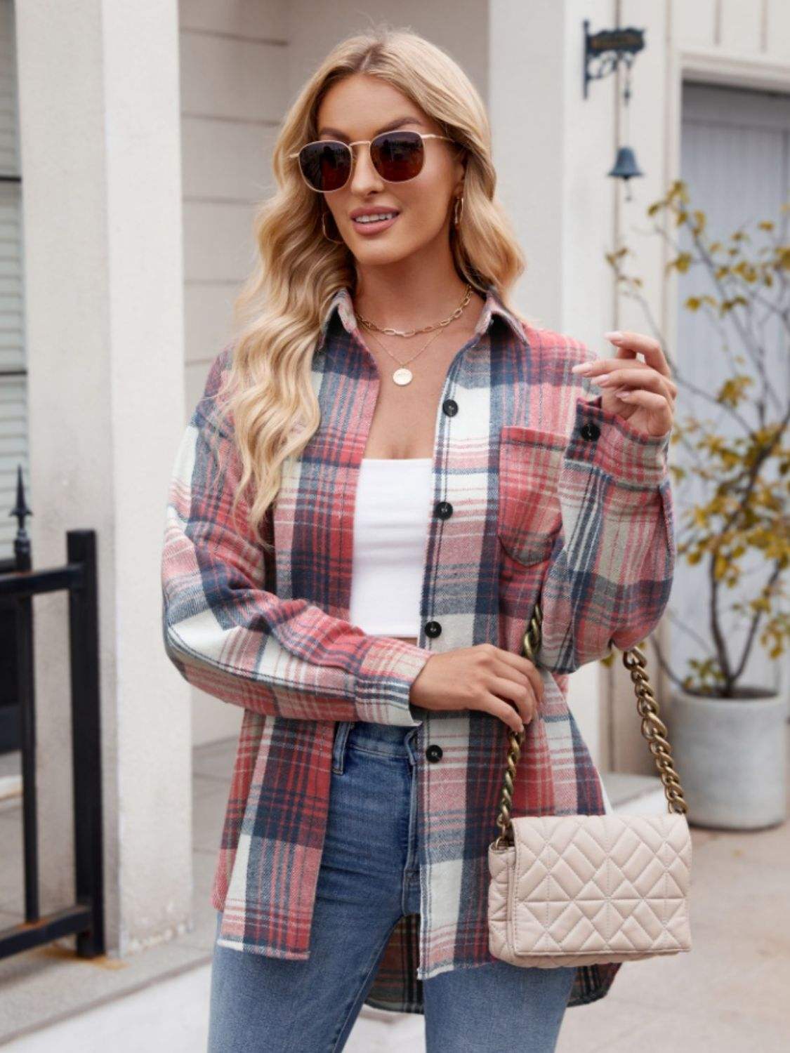 Pocketed Plaid Collared Neck Long Sleeve Shirt - Trendsi - Flyclothing LLC