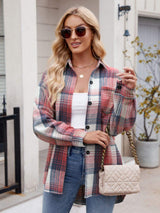 Pocketed Plaid Collared Neck Long Sleeve Shirt - Trendsi - Flyclothing LLC