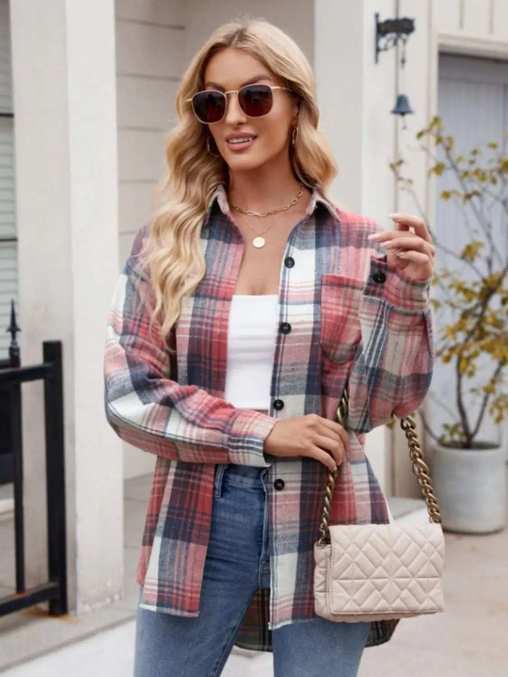 Pocketed Plaid Collared Neck Long Sleeve Shirt - Trendsi - Flyclothing LLC