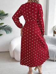 Tied Polka Dot Long Sleeve Midi Dress - Trendsi