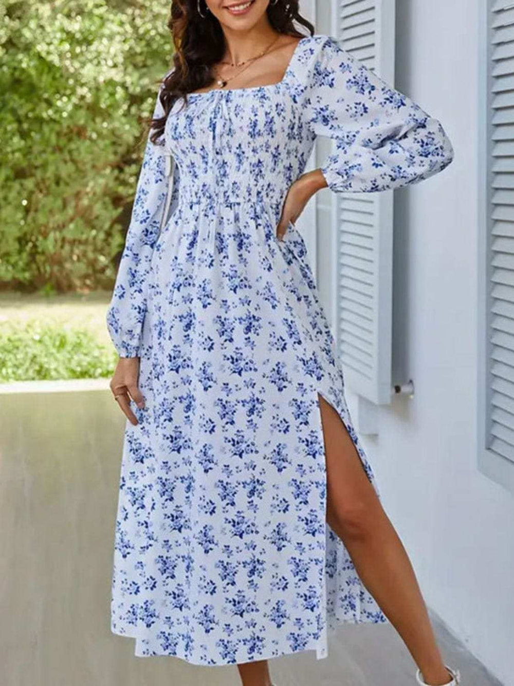 Slit Smocked Floral Square Neck Balloon Sleeve Midi Dress - Trendsi - Flyclothing LLC