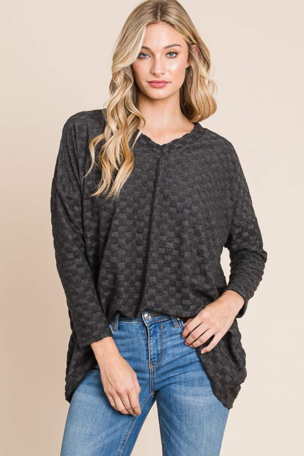 BOMBOM Checkered Long Sleeve V-Neck T-Shirt - Trendsi - Flyclothing LLC