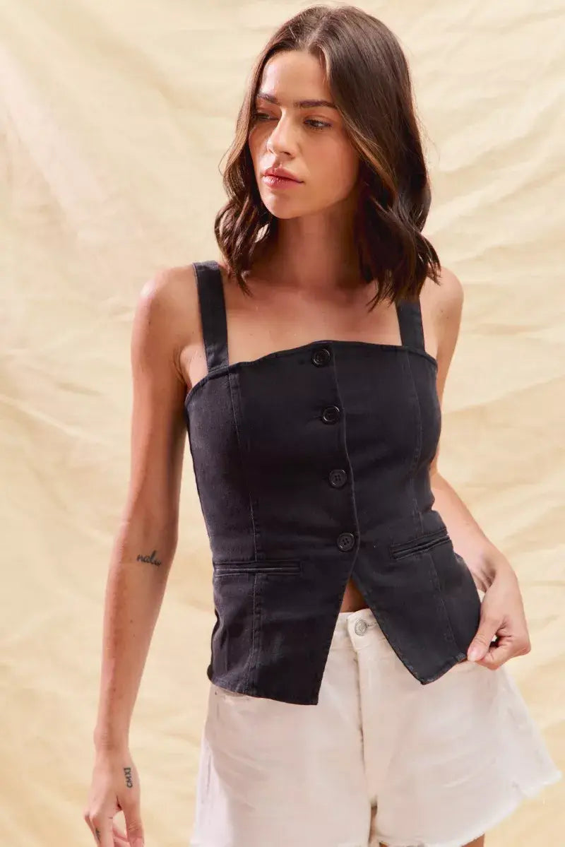 SO ME Button Down Sleeveless Game Day Fitted Denim Top - Trendsi - Flyclothing LLC