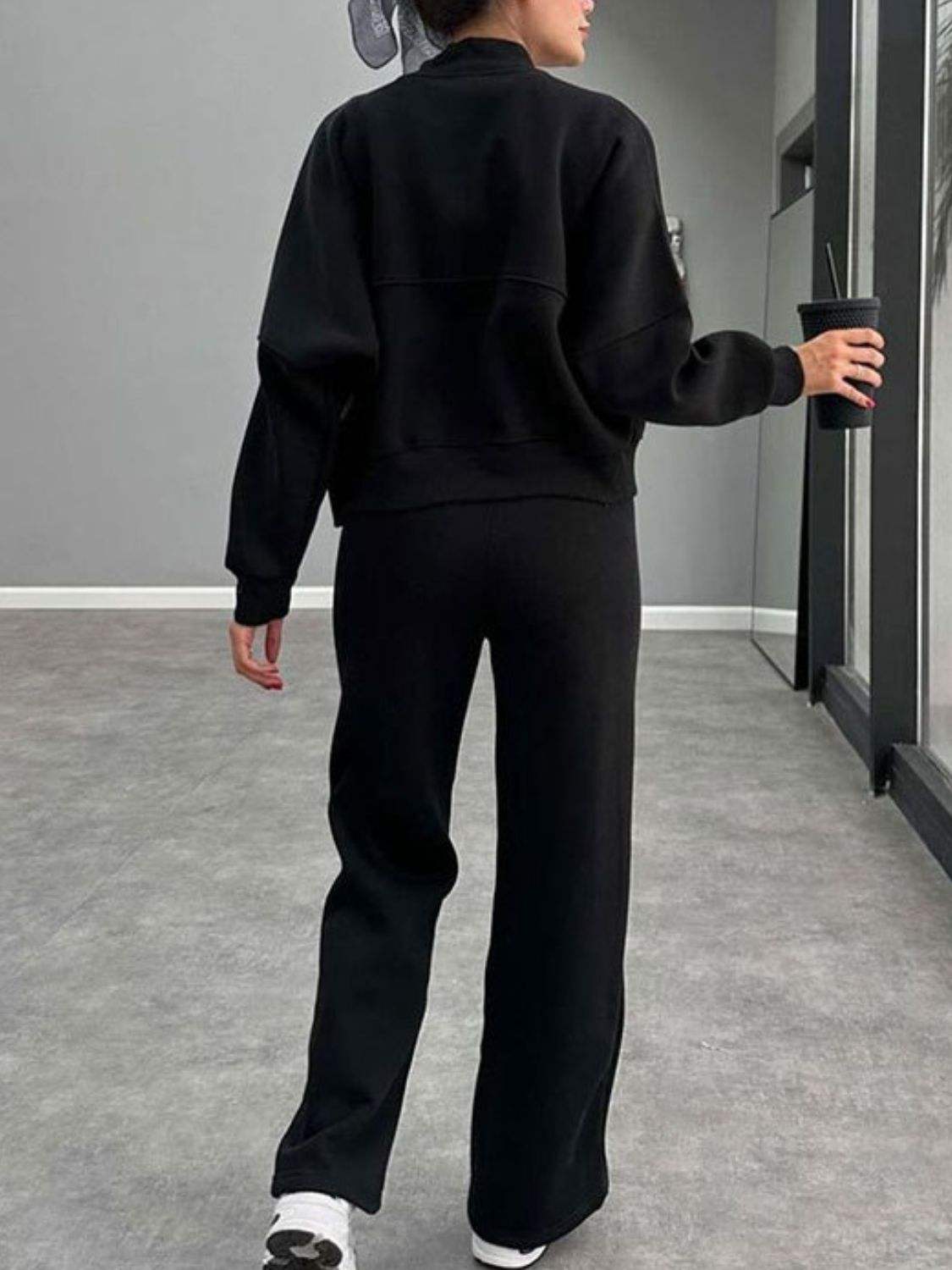 Baseball Collar Zip Up Outerwear and Drawstring Pants Set - Trendsi - Flyclothing LLC