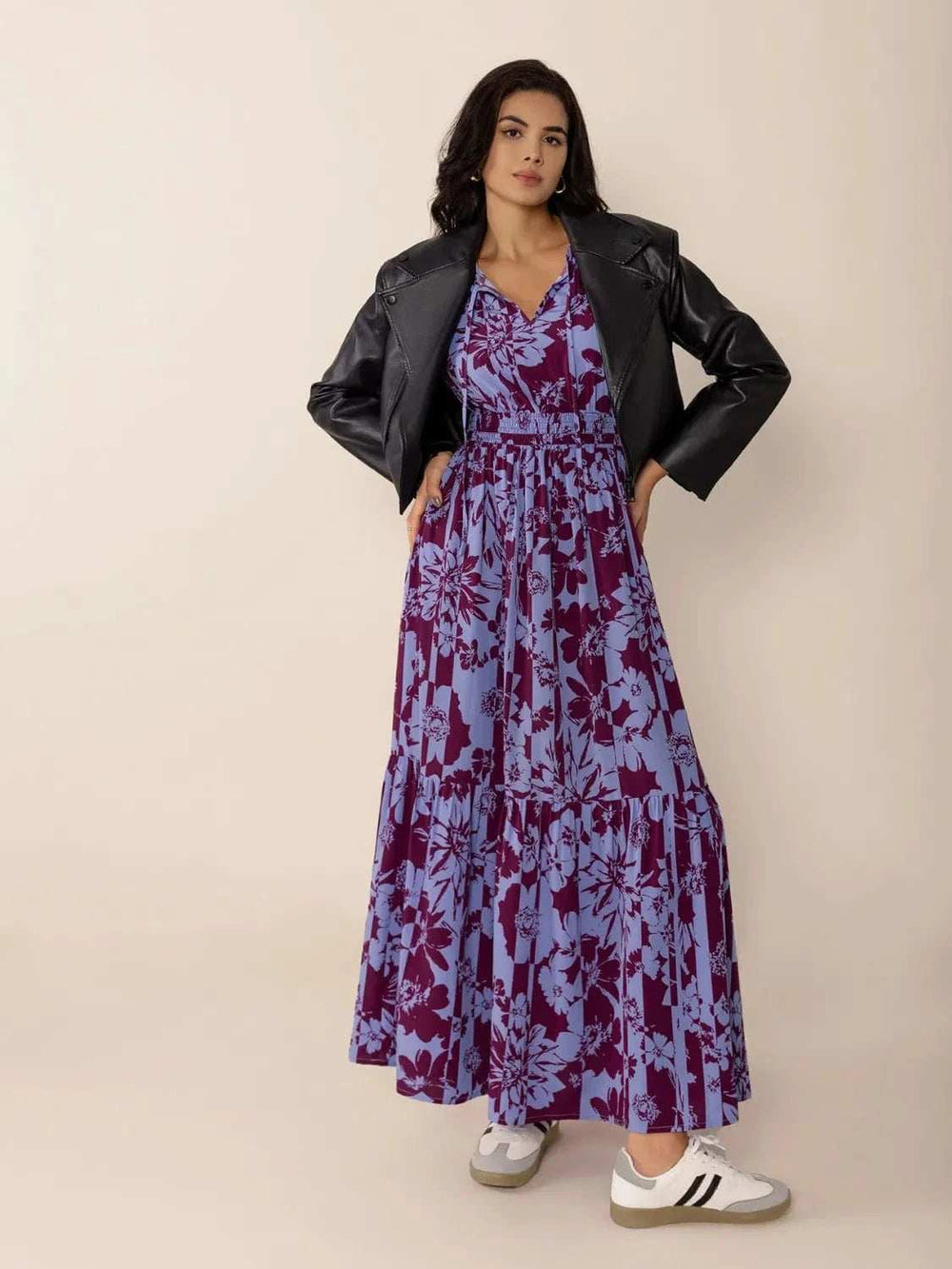 Printed Tie Neck Balloon Sleeve Maxi Dress - Trendsi - Flyclothing LLC